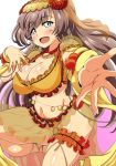  1girl blue_eyes blush breasts brown_hair cleavage commentary_request earrings eyebrows eyebrows_visible_through_hair fate/grand_order fate_(series) flower hair_flower hair_ornament jewelry kani_club large_breasts long_hair looking_at_viewer mata_hari_(fate/grand_order) navel open_mouth sarong shiny shiny_skin simple_background solo white_background 