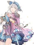 1girl :d anastasia_(idolmaster) blue_eyes blue_hat cape duoyuanjun granblue_fantasy hat highres holding holding_sword holding_weapon idolmaster idolmaster_cinderella_girls jewelry looking_at_viewer necklace open_mouth rapier see-through silver_hair smile standing sword thigh_strap weapon 