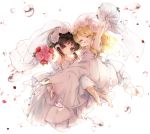  2girls ^_^ alternate_costume arm_up bangs blonde_hair blurry blush bouquet bow bridal_veil bride brown_hair capelet closed_eyes couple depth_of_field dress elbow_gloves flower full_body gloves hair_flower hair_ornament hair_tubes hakurei_reimu happy holding_bouquet jewelry kirisame_marisa long_hair looking_at_viewer multiple_girls necklace pink_flower pink_rose piyokichi ponytail red-framed_eyewear red_eyes red_rose rose see-through shoes sitting sitting_on_lap sitting_on_person smile strapless strapless_dress touhou veil water_drop wedding wedding_dress white_bow white_dress white_flower white_gloves white_rose white_shoes wife_and_wife yuri 
