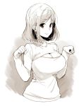  1girl breasts cleavage_cutout large_breasts monochrome open-chest_sweater paw_pose red_eyes sasamori_tomoe short_hair solo spot_color sweater turtleneck upper_body 