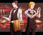  2boys apron bartender black_hair blonde_hair brown_eyes chair cigarette closed_mouth cocktail_shaker collarbone collared_shirt cross cross_earrings cup dress_shirt drinking_glass earrings english facial_hair french gloves goatee hair_slicked_back head_tilt holding jewelry kaiki_deishuu letterboxed long_sleeves looking_at_viewer monogatari_(series) mouth_hold multiple_boys oshino_meme shirt short_hair single_earring sleeves_rolled_up smirk table tray uniform vest waist_apron waiter white_gloves white_shirt wine_glass wing_collar yabu_(rx77_2) 