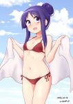  1girl artist_name bikini breasts clouds dated groin hair_bun highres hinata_yukari hirame_guard long_hair lowleg lowleg_bikini navel open_mouth purple_hair red_bikini side-tie_bikini sidelocks small_breasts standing swimsuit towel violet_eyes yuyushiki 