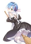  1girl aliter bamboo_broom blue_eyes blue_hair broom broom_riding detached_sleeves frilled_sleeves frills hair_ornament hair_over_one_eye highres kneeling looking_back maid maid_headdress re:zero_kara_hajimeru_isekai_seikatsu rem_(re:zero) ribbon-trimmed_clothes ribbon_trim white_legwear x_hair_ornament 