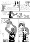  adrian_ferrer akigumo_(kantai_collection) basketball basketball_hoop basketball_uniform color_guide comic dark_skin dark_skinned_male david_robinson english facial_hair female_admiral_(kantai_collection) glasses grin hair_ribbon hair_tie height_difference high_ponytail highres kantai_collection monochrome playing_sports pointing real_life ribbon ryuujou_(kantai_collection) salute smile sport sportswear twintails 