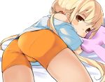  1girl ass bike_shorts blonde_hair blush brown_eyes commentary_request from_behind futaba_anzu idolmaster idolmaster_cinderella_girls looking_at_viewer looking_back low_twintails lying mirakichi on_stomach panties_under_bike_shorts shirt stuffed_animal stuffed_bunny stuffed_toy t-shirt twintails 