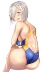  1girl ass blue_eyes blush body_blush breasts commentary_request competition_swimsuit from_behind hair_ornament hair_over_one_eye hairclip hamakaze_(kantai_collection) kantai_collection large_breasts looking_at_viewer looking_back one-piece_swimsuit open_mouth shiny shiny_clothes shiny_hair shiny_skin sideboob silver_hair simple_background sitting solo swimsuit untsue white_background 