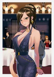  1girl absurdres bangle black_hair blurry blush bracelet breasts brown_eyes cleavage depth_of_field dress earrings high_ponytail highres idolmaster idolmaster_cinderella_girls jewelry large_breasts long_hair mukai_takumi necklace shigatsugata sideboob solo_focus 