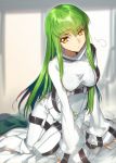  1girl breasts c.c. code_geass commentary_request creayus green_hair long_hair looking_at_viewer sleeves_past_wrists solo straitjacket 