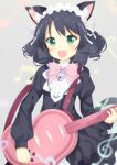  1girl animal_ears bell black_hair blush cat_ears curly_hair cyan_(show_by_rock!!) dress electric_guitar fang green_eyes guitar heart instrument jingle_bell maccha open_mouth short_hair show_by_rock!! smile solo sparkling_eyes tail 