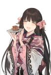  1girl bangs black_hair blunt_bangs blush bow braid brown_hair duoyuanjun eyebrows eyebrows_visible_through_hair food food_request hair_bow hair_tubes happy highres holding holding_plate japanese_clothes long_hair long_sleeves open_mouth plate rurutie_(utawareru_mono) shawl side_braid simple_background smile solo twin_braids two_side_up upper_body utawareru_mono utawareru_mono:_itsuwari_no_kamen white_background wide_sleeves 