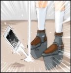  1girl black_border border cellphone damaged emphasis_lines jpeg_artifacts out_of_frame phone platform_footwear ryuujou_(kantai_collection) smartphone speed_lines tawawa_challenge utsurogi_angu white_legwear 