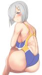  1girl ass blue_eyes blush body_blush breasts competition_swimsuit from_behind hair_ornament hair_over_one_eye hairclip hamakaze_(kantai_collection) kantai_collection large_breasts looking_back one-piece_swimsuit sideboob silver_hair simple_background sitting solo swimsuit untsue white_background work_in_progress 