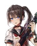  1girl belt black_hair blue_eyes choker commentary_request cowboy_shot eyebrows hair_ornament hairclip highres limobok long_hair looking_at_viewer neckerchief original school_uniform serafuku side_ponytail simple_background solo upper_body white_background 
