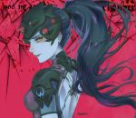 1girl artist_name bodysuit breasts from_side frown_(wonderland85711) head_mounted_display lips long_hair looking_at_viewer medium_breasts nose overwatch parted_lips ponytail profile purple_hair purple_skin red_background short_sleeves side_glance signature solo tattoo upper_body visor widowmaker_(overwatch) yellow_eyes 