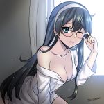  1girl adjusting_glasses artist_name black_hair blue_eyes blush breasts curtains dress_shirt glasses hairband highres kantai_collection kneeling long_hair looking_at_viewer medium_breasts off_shoulder one_eye_closed ooyodo_(kantai_collection) open_mouth shirt tears the-sinner window 