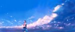  1girl arms_at_sides bag brown_hair capelet clouds fantasy handbag highres holding light_particles looking_afar original pleated_skirt sakimori_(hououbds) short_hair skirt skirt_set sky smile solo star_(sky) twilight 