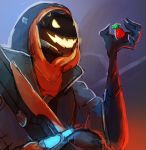  1girl alternate_costume ana_(overwatch) candy deamonett evil_smile ghoul_ana glowing glowing_eyes highres hood mask open_mouth overwatch smile solo upper_body 