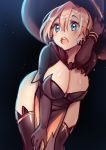  1girl :o alternate_costume bent_over black_legwear blonde_hair blue_eyes blush breasts bridal_gauntlets cape cleavage earrings elbow_gloves gloves halloween halloween_costume hat holding holding_hat hoop_earrings jewelry large_breasts mercy_(overwatch) open_mouth osiimi_(artist) overwatch pelvic_curtain shiny shiny_hair shiny_skin short_sleeves solo tagme teeth thigh-highs witch witch_hat 