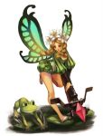  1girl blonde_hair bodysuit bow_(weapon) braid butterfly_wings crossbow crystal fairy flower frog hair_flower hair_ornament head_wreath highres leg_lift long_hair mercedes odin_sphere open_mouth red_eyes running shoes short_shorts shorts twin_braids twintails weapon wings 