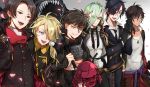  6+boys armor black_gloves black_hair blonde_hair blue_eyes brown_hair doudanuki_masakuni earrings eyepatch eyes_visible_through_hair gloves green_hair hair_over_one_eye hizamaru_(touken_ranbu) japanese_armor jewelry kashuu_kiyomitsu katana male_focus mole mole_under_mouth multiple_boys necktie ookurikara open_mouth petals ponytail red_eyes scar scarf shishiou shishiou_no_mofumofu shokudaikiri_mitsutada smile suna_(sngm025) sword touken_ranbu weapon yellow_eyes 