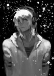  1boy black_background greyscale headphones hood hoodie jacket looking_at_viewer male_focus monochrome naitou-kun nitro+_chiral open_clothes short_hair simple_background sinov_mimori solo upper_body 