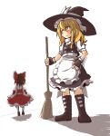  2girls apron bare_shoulders blonde_hair boots bow broom brown_hair detached_sleeves fingerless_gloves full_body gloves hair_bow hakurei_reimu hat highres kirisame_marisa kumo_(atm) long_sleeves looking_at_another multiple_girls puffy_short_sleeves puffy_sleeves shadow short_sleeves standing touhou waist_apron witch_hat yellow_eyes 