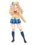  1girl black_legwear blonde_hair blue_eyes breasts cardigan earrings full_body galko hairband highres jewelry kneehighs large_breasts loafers long_hair long_sleeves looking_at_viewer official_art one_side_up oshiete!_galko-chan school_uniform shoes skirt sleeves_past_wrists smile solo v 