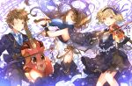  1boy 2girls :3 ;) beamed_quavers blue_necktie bow_(instrument) brown_eyes brown_hair capelet catalina_(granblue_fantasy) cello djeeta_(granblue_fantasy) elbow_gloves formal gloves gran_(granblue_fantasy) granblue_fantasy green_eyes grin hairband highres instrument long_hair looking_at_viewer multiple_girls musical_note necktie one_eye_closed quaver smile staff_(music) suit sweetroad vee_(granblue_fantasy) viola_(instrument) violin wrist_cuffs 