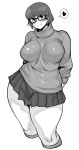  1girl breasts freckles glasses heart highres light_smile looking_at_viewer medium_breasts scooby-doo simple_background skirt solo spoken_heart sweater synecdoche thick_thighs thighs velma_dace_dinkley white_background wide_hips 