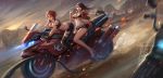  ass bikini breasts facial_mark fingerless_gloves firing gloves ground_vehicle gun handgun high_heels lalan_fengchu long_hair motor_vehicle motorcycle navel redhead riding shorts swimsuit torn_clothes weapon 