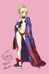  1girl bare_shoulders barefoot blonde_hair breasts cosplay fate/apocrypha fate/grand_order fate_(series) full_body hand_on_hip highres japanese_clothes kimono navel off_shoulder pink_background saber_of_red shuten_douji_(fate/grand_order) shuten_douji_(fate/grand_order)_(cosplay) simple_background smile solo tiptoes 