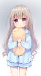  1girl character_request commentary_request copyright_request flying_sweatdrops gradient gradient_background grey_background long_hair pink_eyes silver_hair simple_background sleepwear stuffed_animal stuffed_toy tears trembling usashiro_mani wavy_hair white_background 