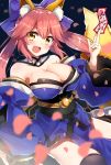  1girl animal_ears bad_id bad_pixiv_id bell bell_collar blue_legwear bow breasts cleavage collar detached_sleeves fate/extra fate/grand_order fate_(series) fox_ears fox_tail hair_bow hair_ribbon highres ichiren_namiro japanese_clothes large_breasts looking_at_viewer open_mouth pink_hair ribbon solo tail tamamo_(fate)_(all) tamamo_no_mae_(fate) yellow_eyes 