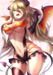  1girl :d ass_visible_through_thighs bat_wings blonde_hair breasts collarbone demon_girl frills garters gloves green_eyes highres horns long_hair mia_(gute-nacht-07) open_mouth simple_background smile succubus tail thigh-highs white_background wings 