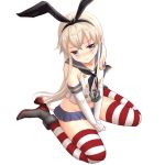  1girl 3: bangs between_legs black_panties black_ribbon blonde_hair blue_skirt blush closed_mouth crop_top elbow_gloves flat_chest from_above full_body gloves grey_eyes groin hairband hand_between_legs head_tilt highleg highleg_panties kantai_collection long_hair looking_at_viewer looking_up microskirt midriff neckerchief own_hands_together panties pleated_skirt ribbon rudder_shoes school_uniform serafuku shimakaze_(kantai_collection) simple_background sitting skirt sleeveless solo striped striped_legwear thigh-highs u0709 underwear v_arms very_long_hair wariza white_background white_gloves 