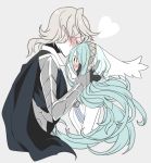  1boy 1girl aqua_(fire_emblem_if) blue_hair blush cape dress elbow_gloves fire_emblem fire_emblem_if forehead_kiss gloves hair_between_eyes hairband kiss long_hair male_my_unit_(fire_emblem_if) my_unit_(fire_emblem_if) pointy_ears short_hair tokusa_riko very_long_hair yellow_eyes 