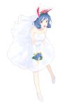  1girl alternate_hairstyle animal_ears bare_shoulders blue_hair bridal_veil dress drill_hair gloves happy high_heels highres honi legacy_of_lunatic_kingdom open_mouth pale_skin rabbit_ears red_eyes seiran_(touhou) short_hair strapless strapless_dress touhou twin_drills veil wedding wedding_dress white_gloves 
