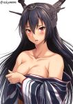  1girl alternate_costume bare_shoulders black_hair breasts cleavage collarbone commentary_request covering covering_breasts eyebrows eyebrows_visible_through_hair hair_between_eyes headgear japanese_clothes kantai_collection kimono large_breasts long_hair looking_at_viewer nagato_(kantai_collection) obi open_mouth red_eyes sakiyamama sash solo striped_kimono twitter_username wide_sleeves yukata 
