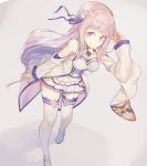  1girl bare_shoulders boots double-breasted emilia_(re:zero) flower full_body grey_background hair_flower hair_ornament high_heels kikkaiki long_hair pleated_skirt re:zero_kara_hajimeru_isekai_seikatsu simple_background skirt smile solo thigh-highs thigh_boots violet_eyes white_boots white_hair white_legwear zettai_ryouiki 