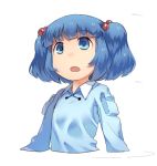  1girl :o blue_eyes blue_hair collared_shirt flat_chest hair_bobbles hair_ornament kawashiro_nitori lowres monosenbei no_nose open_mouth pocket shirt solo touhou two_side_up upper_body 