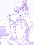  1girl adjusting_glasses alternate_costume alternate_hairstyle book braid buttons cardigan commentary_request fusou_(kantai_collection) glasses hair_ornament headgear holding holding_book kantai_collection kuon_(nokokopopo) long_hair long_sleeves looking_at_viewer open_book sitting smile solo twin_braids 