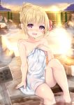  1girl :d arm_at_side arm_support bangs barefoot bath blonde_hair blush breasts bucket collarbone covering eyebrows eyebrows_visible_through_hair fang fence hair_bun hair_up highres knee_up looking_at_viewer naked_towel onsen open_mouth red_eyes rock rumia shiny shiny_skin short_hair sitting sky small_breasts smile soaking_feet solo steam touhou towel water white_towel wooden_bucket wooden_fence wowoguni 