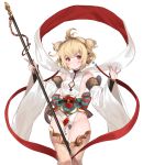  1girl :o ahoge anchira_(granblue_fantasy) bare_shoulders blonde_hair blush detached_sleeves erun_(granblue_fantasy) fur granblue_fantasy hagoromo hairband leotard long_sleeves monkey_ears open_mouth red_eyes sash shawl short_hair simple_background solo staff white_background yuuhi_homare 