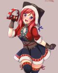  1girl 2015 blue_ribbon brown_gloves dated eyebrows eyebrows_visible_through_hair fingerless_gloves gloves grey_background highres hood long_hair love_live! love_live!_school_idol_project nishikino_maki redhead ribbon simple_background solo thigh-highs violet_eyes yu-ta 