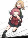  2girls black_legwear blonde_hair brown_eyes brown_shoes carrying girls_und_panzer kakizaki_(chou_neji) katyusha long_sleeves military military_uniform multiple_girls open_mouth red_shirt redhead rosehip shirt shoes short_hair shoulder_carry simple_background uniform white_background 