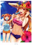  2girls absurdres artist_request blue_sky border copyright_request cowboy_shot day expressionless highres huge_filesize jitome looking_at_viewer multiple_girls navel outdoors shiny shiny_skin sky stomach summer white_border 