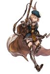  bag blonde_hair boots brown_eyes cape djeeta_(granblue_fantasy) feather_beret full_body gloves granblue_fantasy gun hat hawkeye_(granblue_fantasy) knee_boots minaba_hideo official_art open_mouth rifle short_hair simple_background skirt solo thigh-highs weapon white_background 