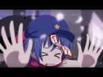  &gt;_&lt; 1girl beret blue_hair blurry cato_(monocatienus) cherry_blossoms closed_eyes commentary depth_of_field expressive_clothes fallen_down hat letterboxed miyako_yoshika ofuda open_mouth outstretched_arms palms petals solo star tears ten_desires touhou translated 