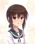  1girl blush brown_eyes brown_hair commentary_request flying_sweatdrops fubuki_(kantai_collection) kantai_collection minarai_shachou neck_ribbon ponytail ribbon sailor_collar school_uniform serafuku short_ponytail solo upper_body white_background 