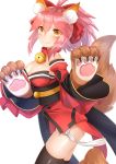  1girl absurdres animal_ears bell bell_collar breasts cleavage collar fate/grand_order fate_(series) fox_ears fox_tail hair_ribbon highres japanese_clothes large_breasts long_hair looking_at_viewer pink_hair ribbon simple_background sll solo tail tamamo_(fate)_(all) tamamo_cat_(fate) thigh-highs white_background yellow_eyes 